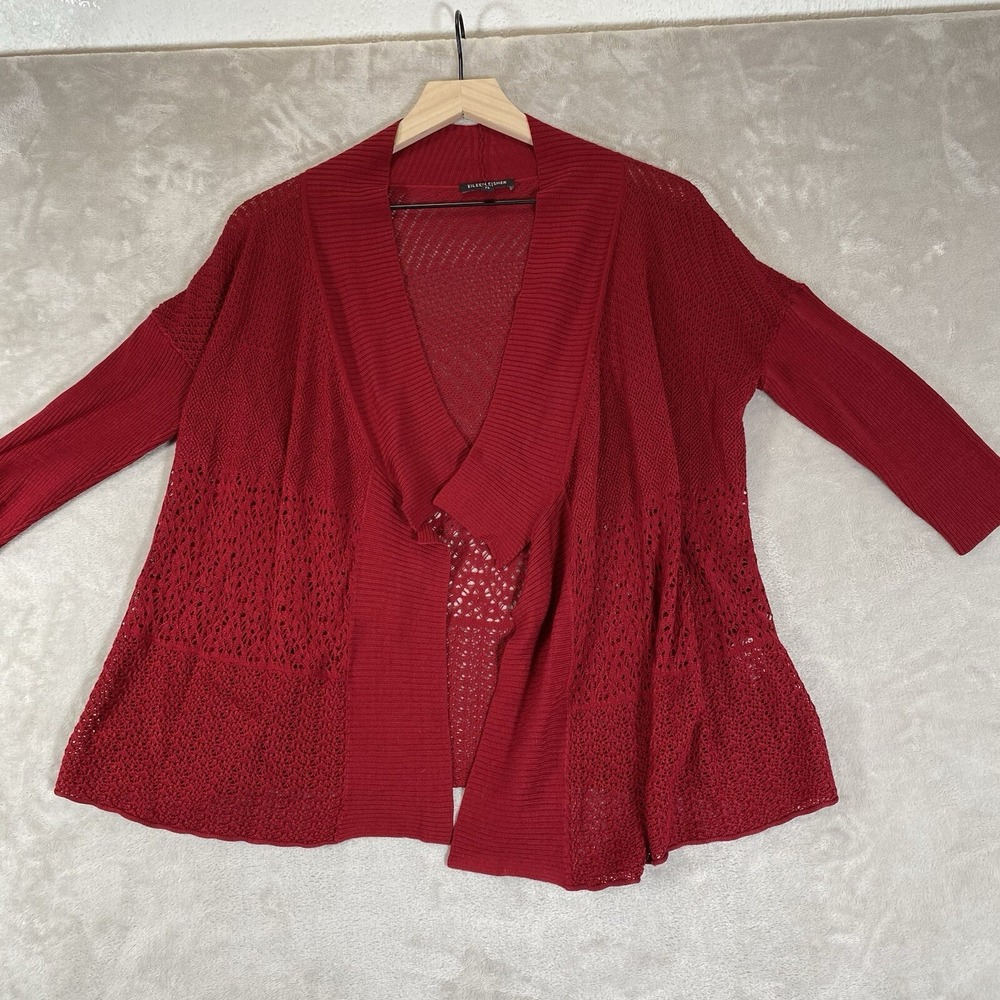 Eileen Fisher Cardigan Small Petite‎ Red Open Front Drape Mixed Knit Silk